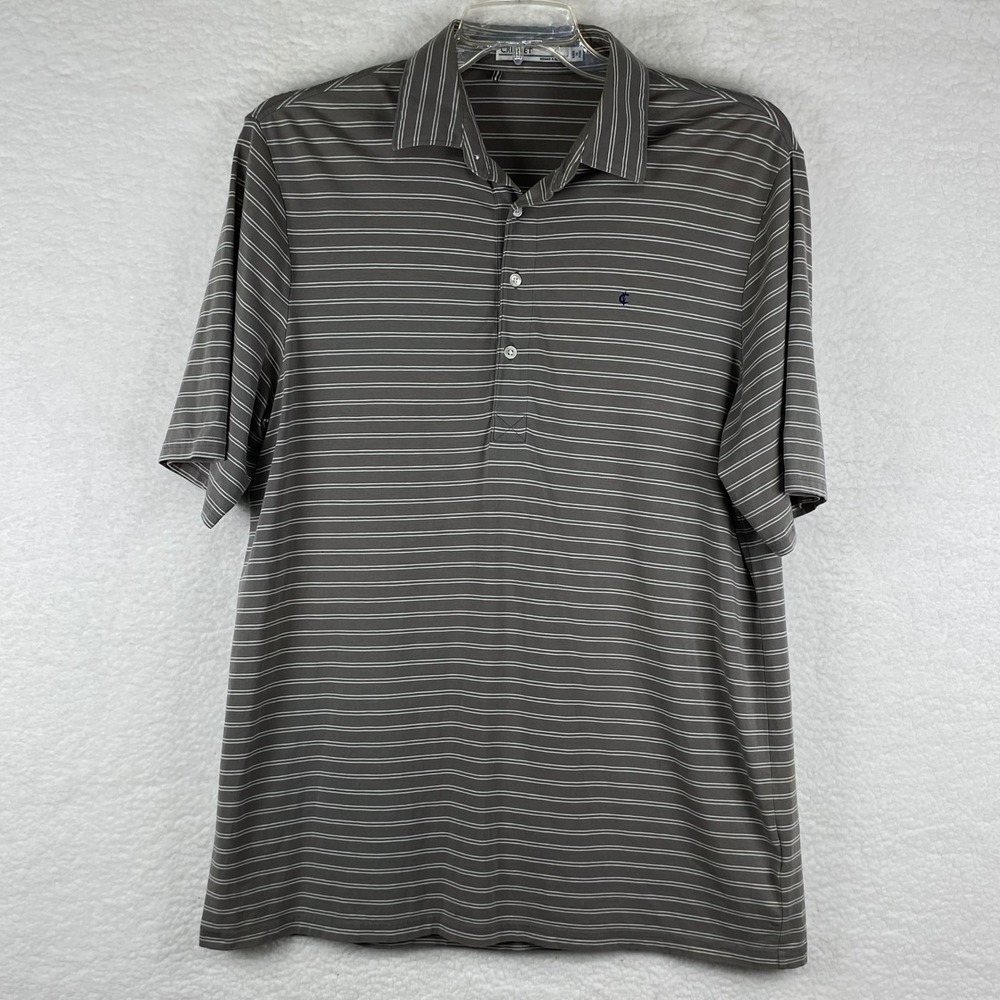 Criquet Men Large Grey White Striped Pima Cotton Spandex Short Sleeve Polo Shirt